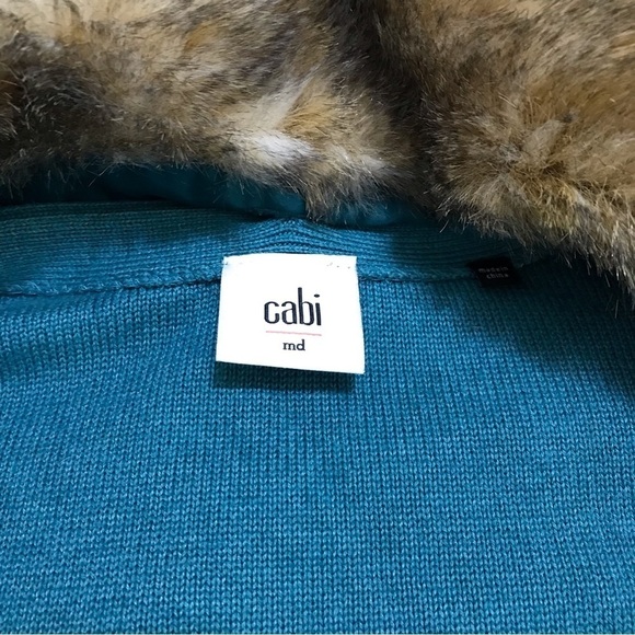 Cabi Tearoom 5 Button Cardigan In Teal Removable Faux Fur Collar #3018 Medium - Picture 3 of 10